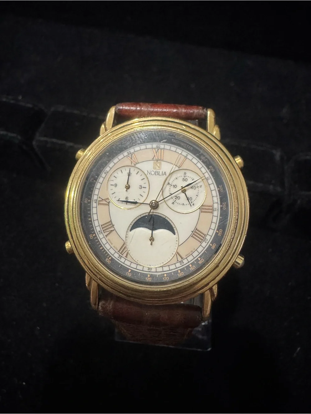 Noblia Gold-Tone Moonphase Chronograph Watch - White Dial, Brown Strap